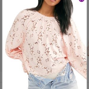 NWT! Free People pink lace overlay shirt flirty cuffed sleeves oversized XS
